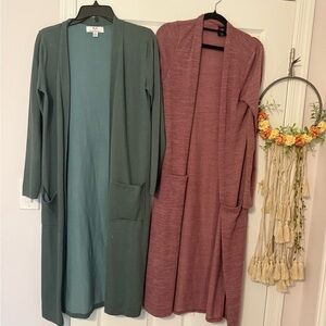 Long Open Cardigans in Green and Pink